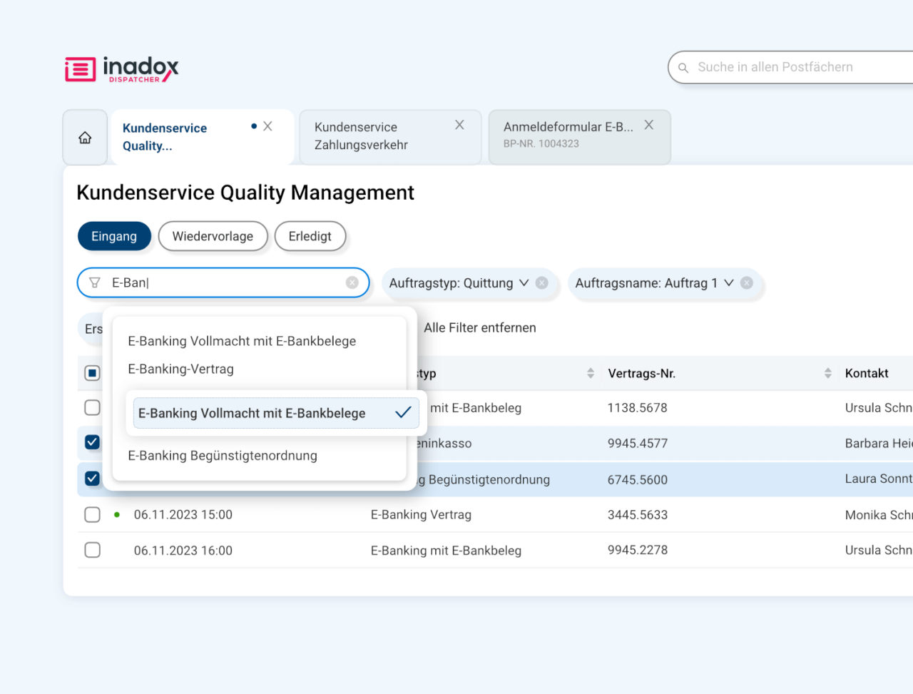 Filteroptionen von Inadox dispatcher