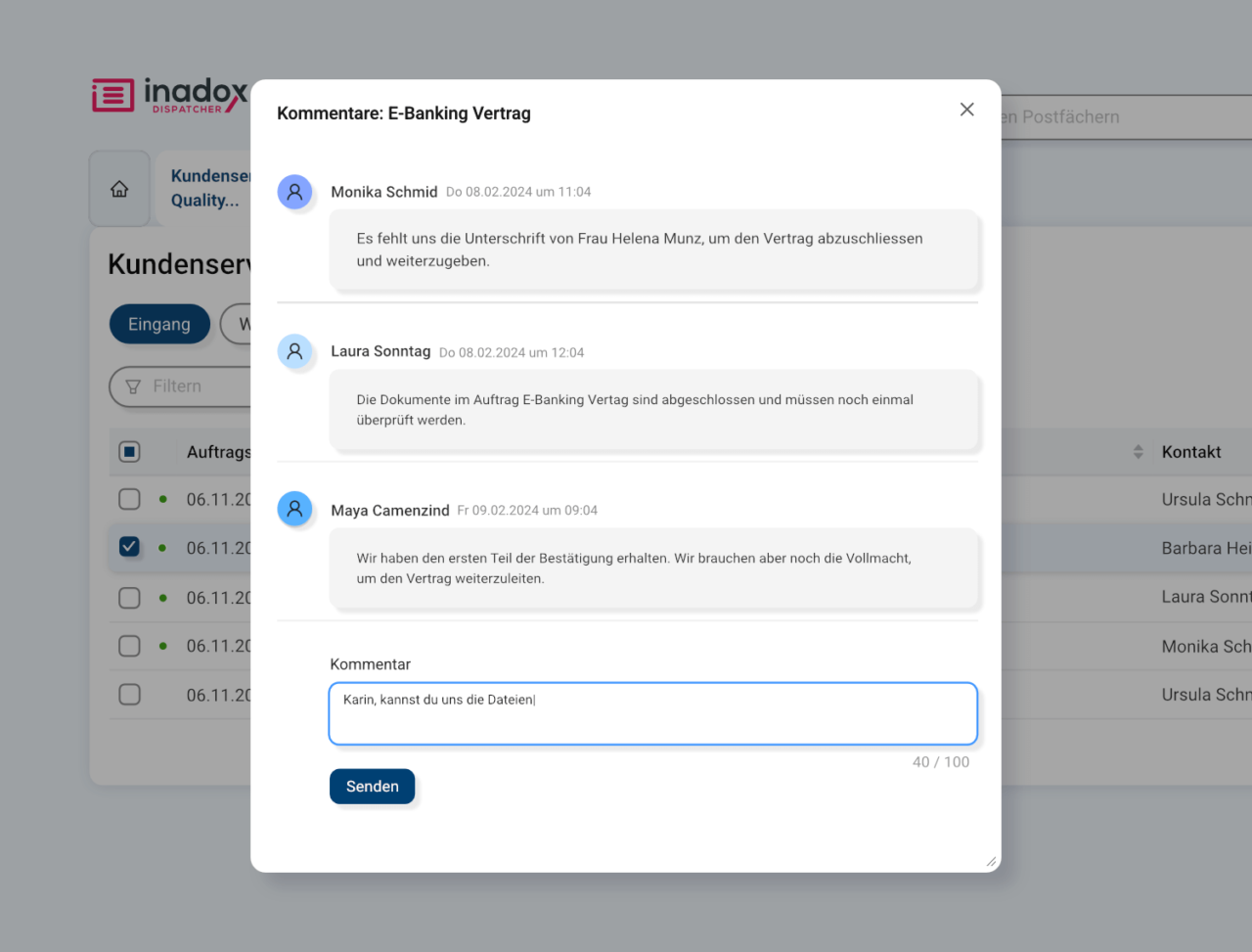 Kommentare eintragen im Inadox Dispatcher