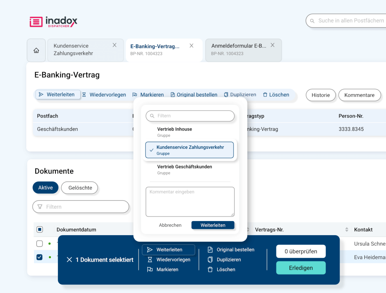 Weiterleitungsprozess Inacta Inadox dispatcher