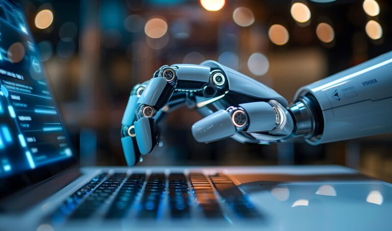 Visualisierung AI-Lösungen für Unternehmen von Inacta. Roboterhand tippt auf Laptop – künstliche Intelligenz unterstützt digitale Geschäftsprozesse. digitale Transformation für Unternehmen