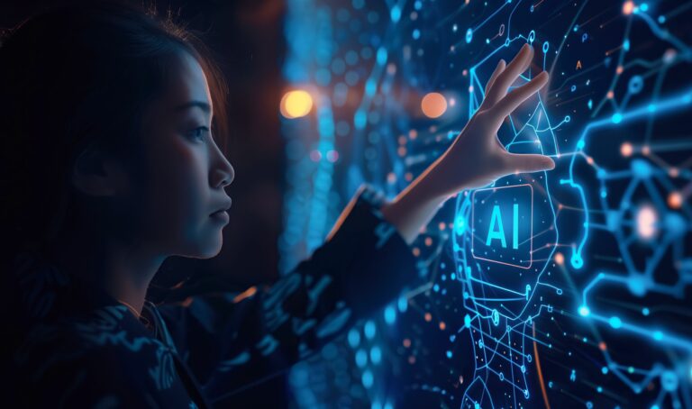 Frau berührt digitale AI-Oberfläche