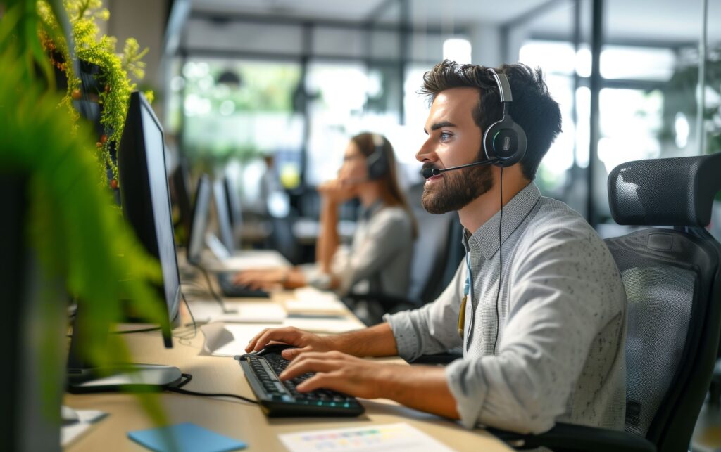Ein Mann arbeitet mit AI im Kundenservice