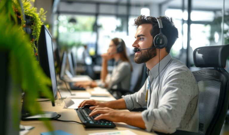 Ein Mann arbeitet mit AI im Kundenservice