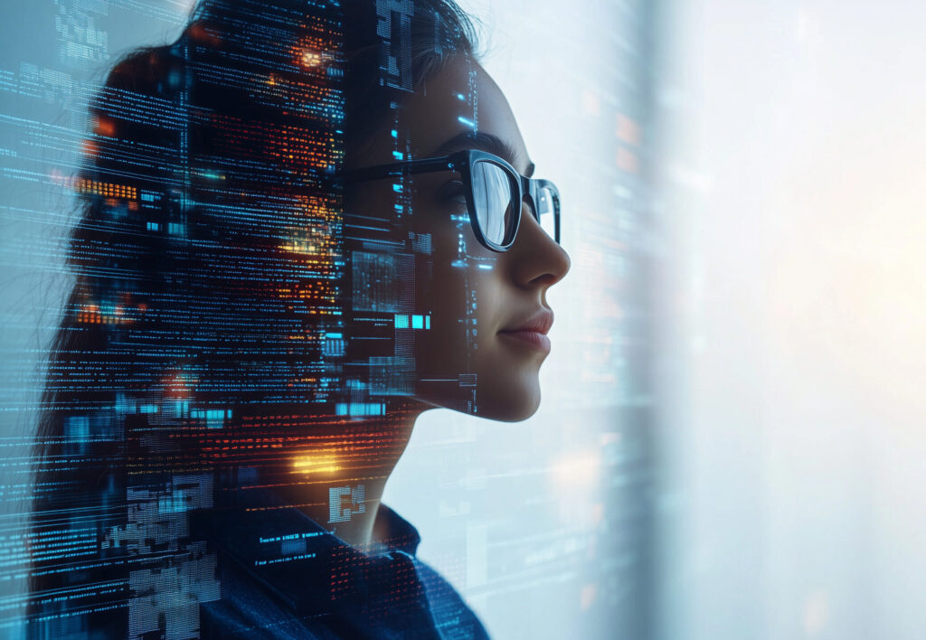 Frau blickt in Zukunft mit Low-Code und AI