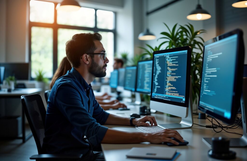 Ein Mann arbeitet an der Enterprise DevOps Transformation